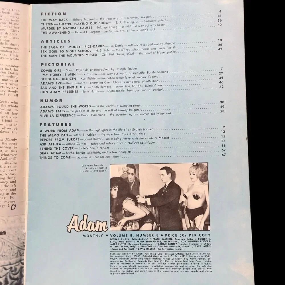 Adam Men’s Magazine August 1964 Sheila Reynolds Vol 8 Issue 8 Nude Pin-Ups